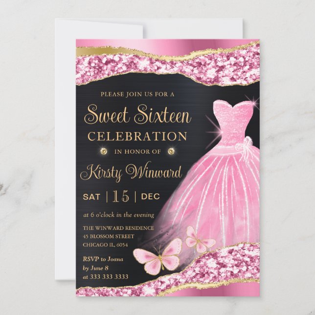 Convites Vestido Rosa e Glitter Dourado Aquarela Sweet Sixt (Frente)