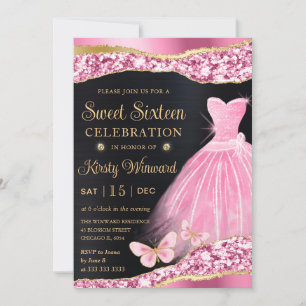 Convites Vestido Rosa e Glitter Dourado Aquarela Sweet Sixt
