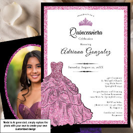 Convites Vestido Rosa e Tiara Foto Personalizada Quinceaner