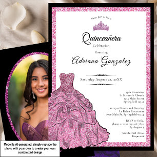 Convites Vestido Rosa e Tiara Foto Personalizada Quinceaner