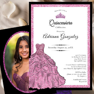Convites Vestido Rosa e Tiara Foto Personalizada Quinceaner