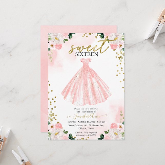 Convites Vestido Rosa Flores Aquarela Blush Sweet 16 (Frente/Verso In Situ)
