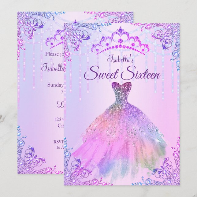Convites Vestido Rosa Lilás Roxo Pérola Prata Sweet 16 (Frente/Verso)
