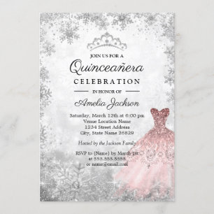 Convites Vestido Rosa Prata Flocos de Neve Quinceanera de I