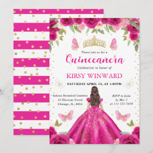 Convites Vestido Rosa Quente Brunette Princesa Quinceanera