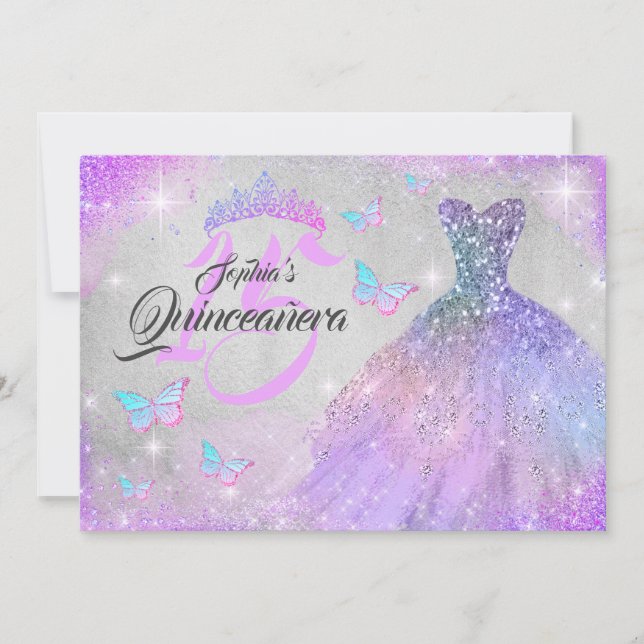 Convites Vestido Rosa Roxo Brilho Arco-Íris Quinceanera (Frente)