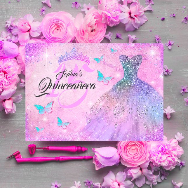 Convites Vestido Rosa Roxo Teal Brilho Quinceanera  (Criador carregado)