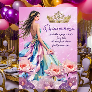 Convites Vestido Rosa Teal Roxo de Aniversário de Quinceane