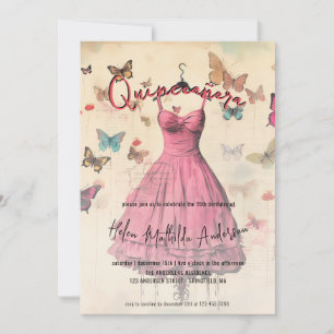 Convites Vestido Rosa Vintage Borboleta Quinceanera
