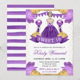 Convites Vestido Roxo Aquarela Princesa Loira Sweet 16