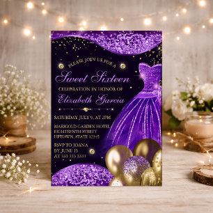 Convites Vestido Roxo, Balões Dourados e com Brilho Sweet 1