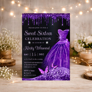 Convites Vestido Roxo, Brilho e Borboleta Doce 16
