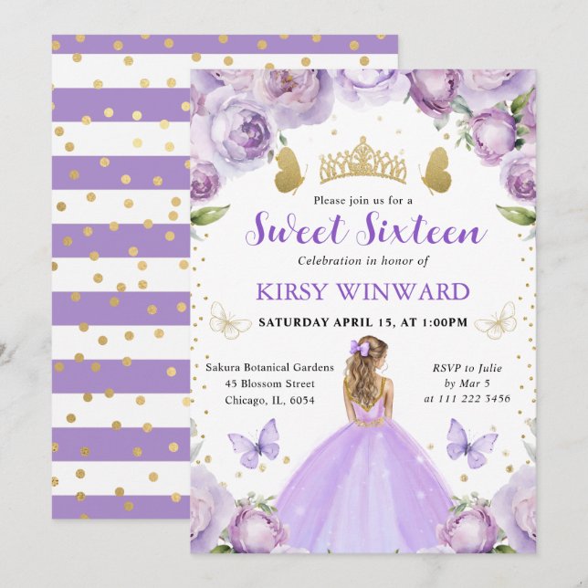 Convites Vestido Roxo Cabelo Loiro Princesa Sweet 16 (Frente/Verso)