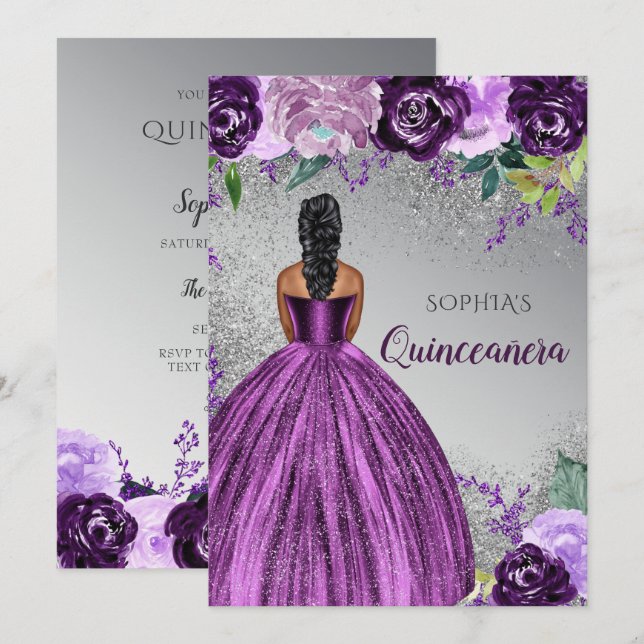 Convites Vestido Roxo De Prata Quinceañera Quince (Frente/Verso)
