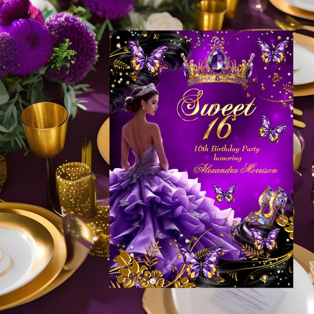Convites Vestido roxo dourado de 16 anos borboleta (Criador carregado)