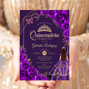 Convites Vestido Roxo Dourado de Quinceanera Floral