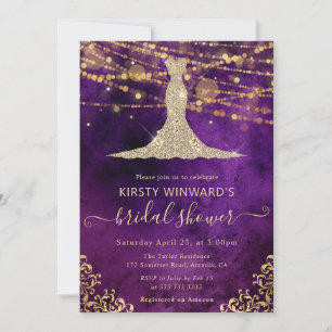 Convites Vestido Roxo Dourado Elegante para Chá de Noiva