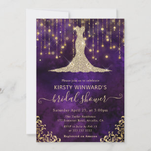 Convites Vestido Roxo Dourado Elegante para Chá de Noiva