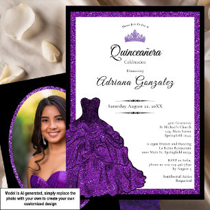 Convites Vestido Roxo e Tiara Foto Personalizada Quinceaner