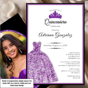 Convites Vestido roxo elegante 15º aniversário Quinceanera