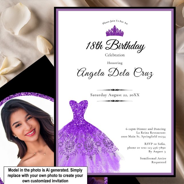 Convites Vestido roxo elegante debut de 18 anos (Criador carregado)