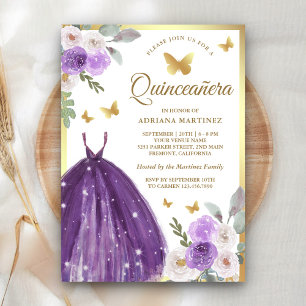 Convites Vestido Roxo Floral Borboleta Dourada Quinceanera