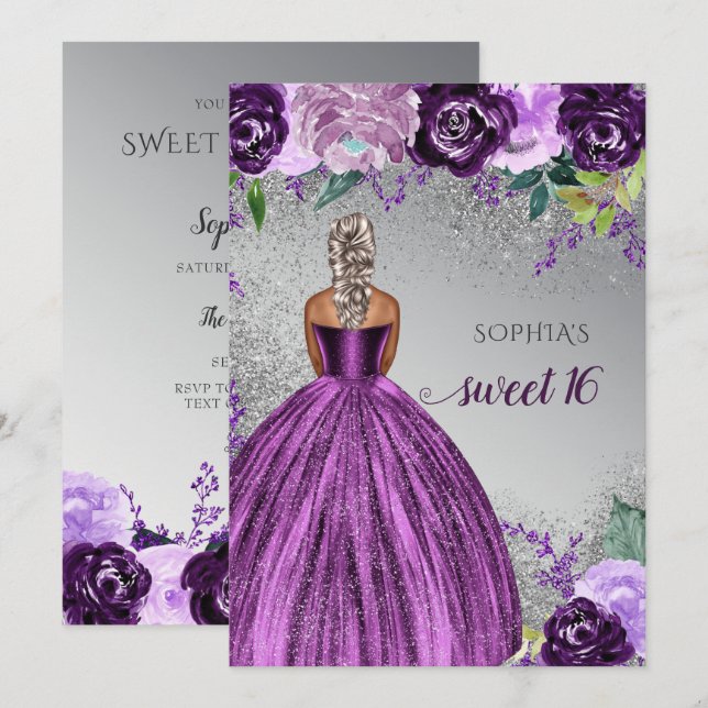Convites Vestido Roxo Prateado Doce Doce 16 anos (Frente/Verso)
