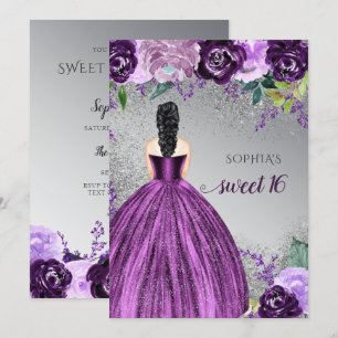 Convites Vestido Roxo Prateado Doce Doce 16 Anos Invi