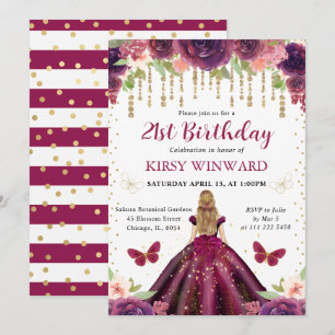 Convites Vestido Roxo Princesa de Cabelos Loiros Aniversári