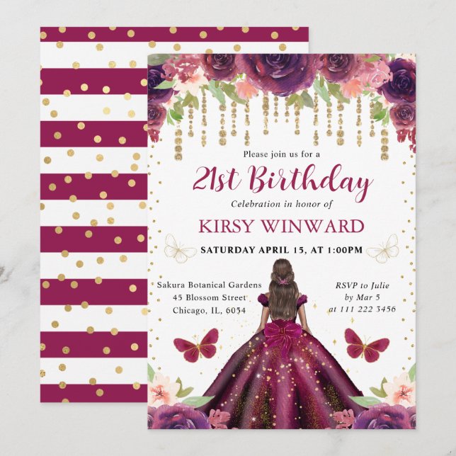 Convites Vestido Roxo Princesa de Pele Morena Aniversário (Frente/Verso)