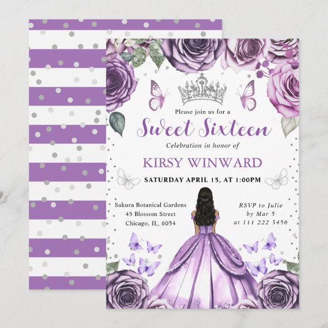 Convites Vestido Roxo Princesa de Pele Morena Doce 16 (Frente/Verso)