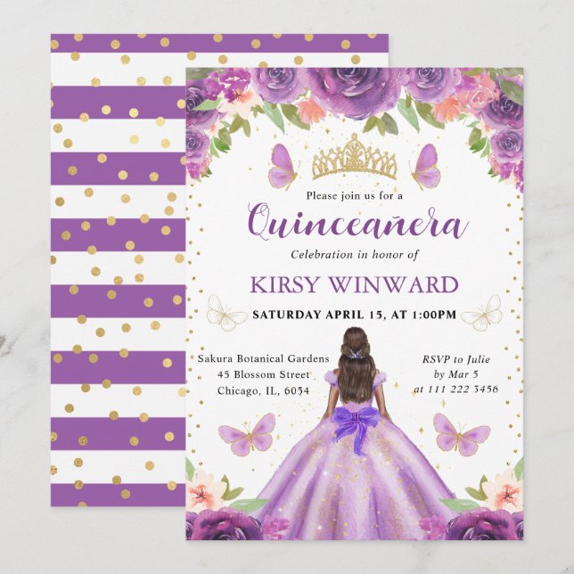 Convites Vestido Roxo Princesa de Pele Morena Quinceanera (Frente/Verso)
