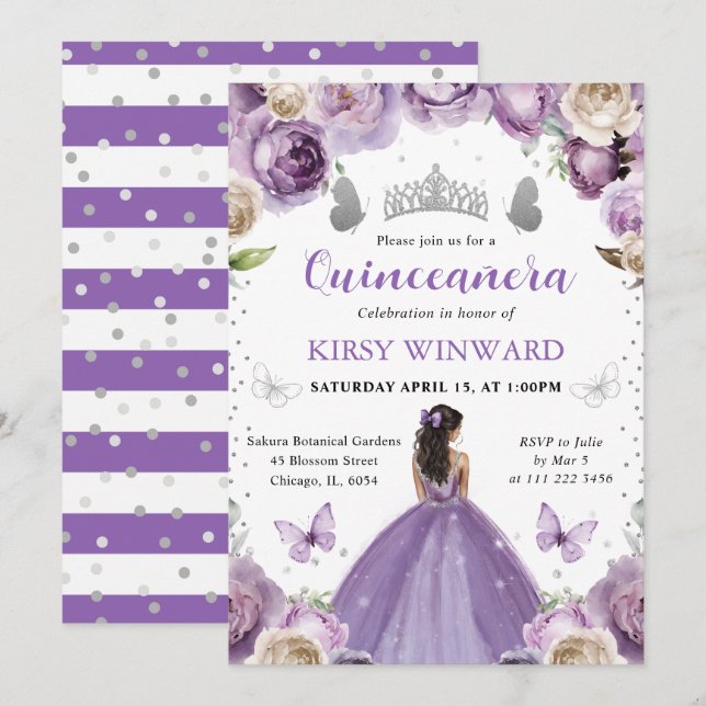 Convites Vestido Roxo Princesa de Pele Morena Quinceanera (Frente/Verso)