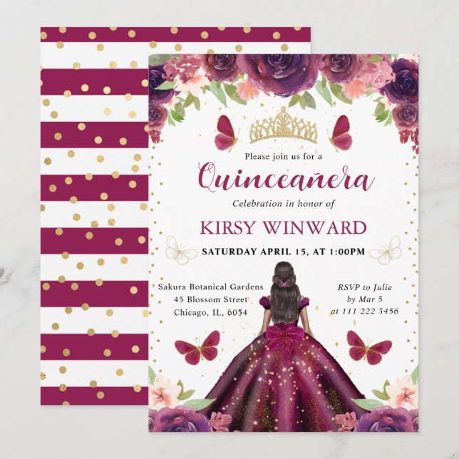 Convites Vestido Roxo Princesa de Pele Morena Quinceanera (Frente/Verso)