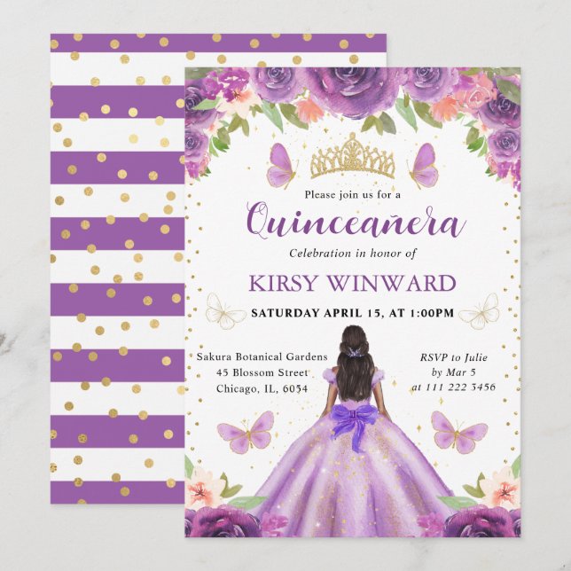 Convites Vestido Roxo Princesa de Pele Morena Quinceanera (Frente/Verso)