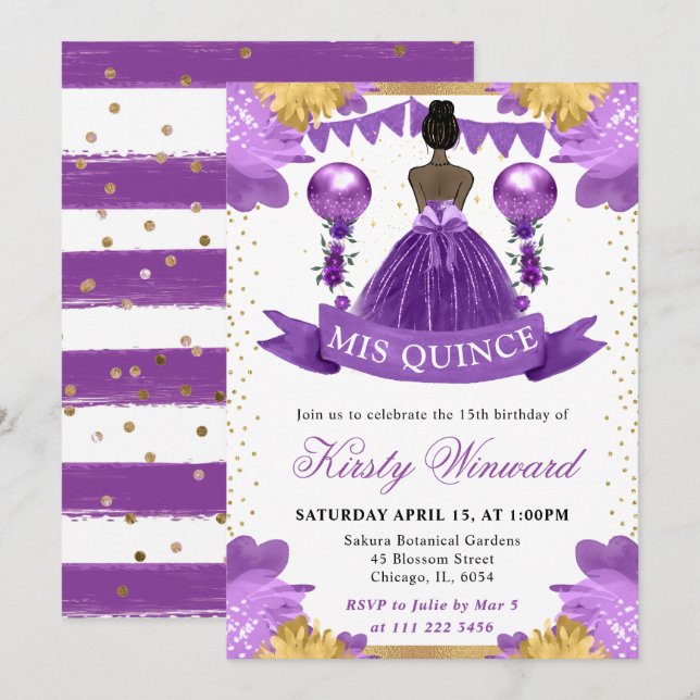 Convites Vestido Roxo Princesa de Pele Morena Quinceanera (Frente/Verso)