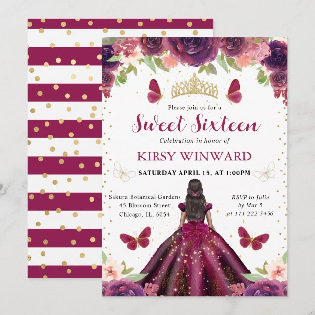 Convites Vestido Roxo Princesa de Pele Morena Sweet 16 (Frente/Verso)