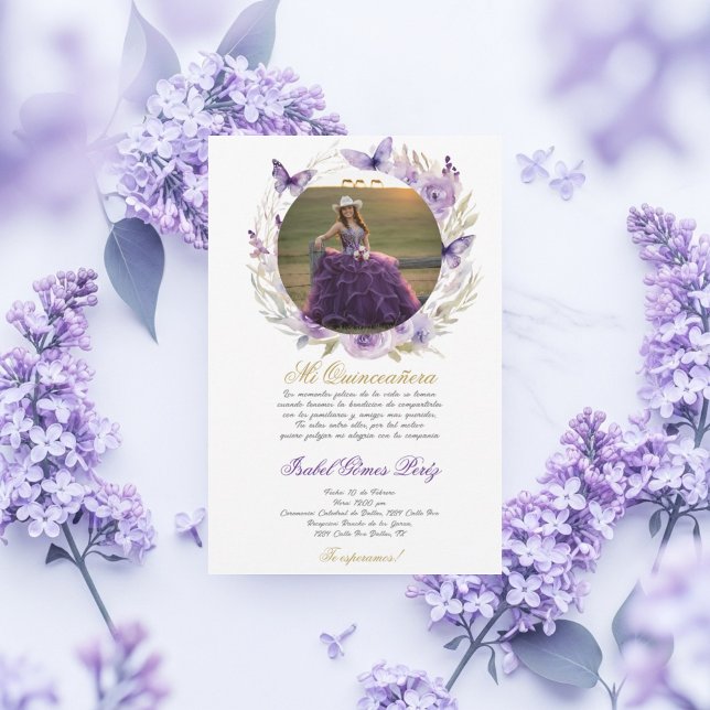 Convites Vestido roxo Quinceanera com imagem em espanhol (Criador carregado)