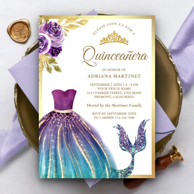 Convites Vestido Roxo Sereia Caiana Dourada Quinceanera (Criador carregado)