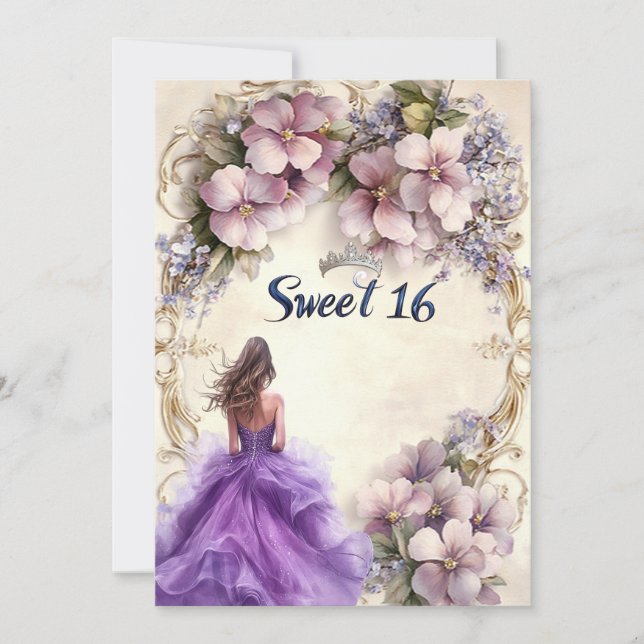 Convites Vestido Roxo Sweet Sixteen Floral Rosa (Frente)
