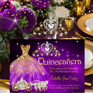 Convites Vestido Roxo Tiaro Carruagem de Aniversário de Qui