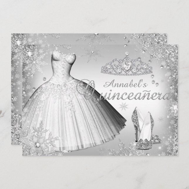 Convites Vestido Silver Sparkle e Tiara Quinceanera Convide (Frente/Verso)