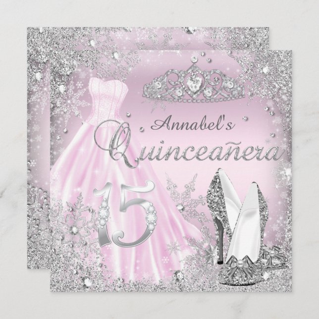 Convites Vestido Silver Sparkle Rosa e Tiara Quinceanera (Frente/Verso)