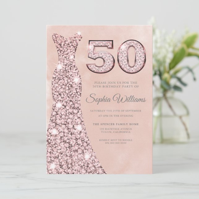 Convites Vestido Sparkle com Blush Watercolor 50º aniversár (Em pé/Frente)