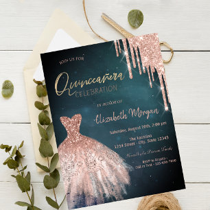 Convites Vestido Stylish Rose Gold Glitter Drips Quinceañer