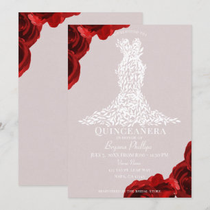 Convites Vestido Taupe Rosas Vermelhas Folhas Brancas Quinc
