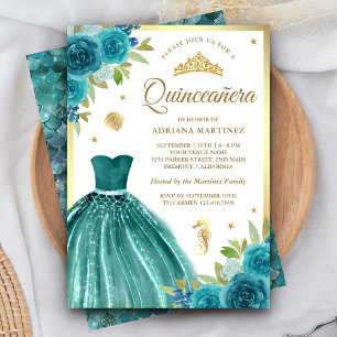 Convites Vestido Teal debaixo do Mar Mermaid Dourado Quince