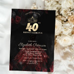 Convites Vestido,Tiara,aniversário de 40 anos Rosa vermelha<br><div class="desc">Dourada tiara,  vestido elegante e rosas vermelhas em uma textura preta. Perfeito para uma comemoração de um dia de mulher na moda. Personalize com seus próprios detalhes.</div>