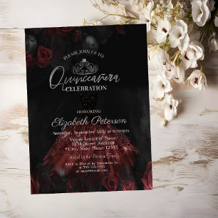 Convites Vestido, Tiara de Prata, Rosas Vermelhas Quinceañe