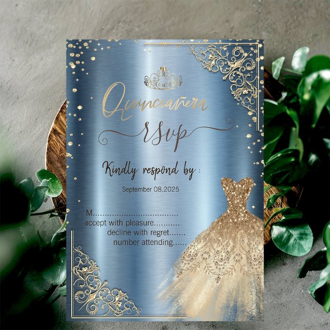 Convites Vestido Tiara, Diamantes, RSVP Metálico Azul (Criador carregado)
